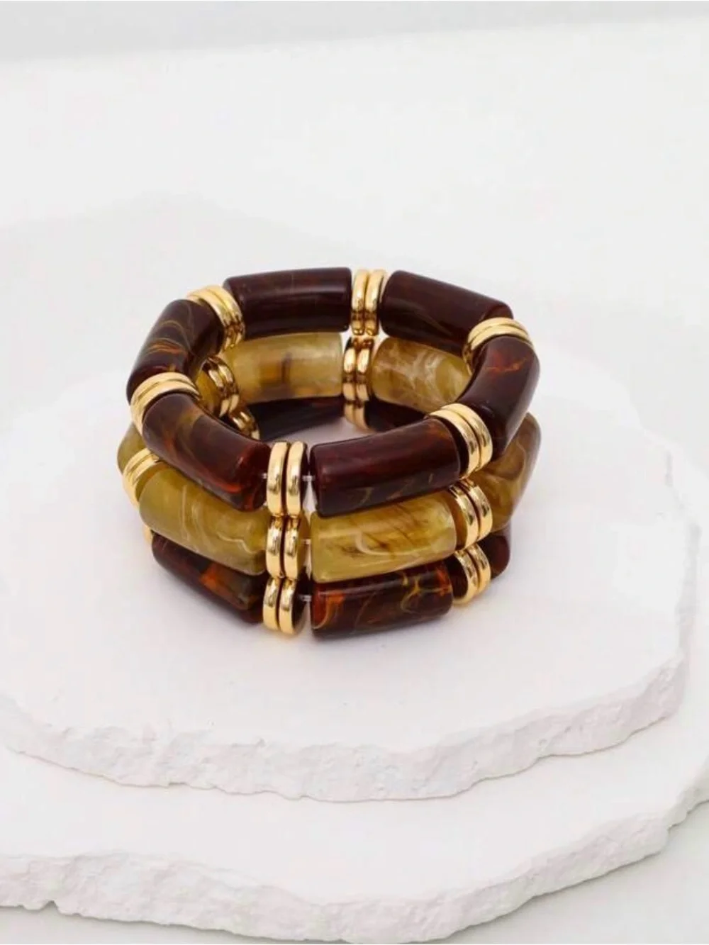 3pcs Ladycoco vintage deformed Brown/Amber Resin Beaded Bracelet